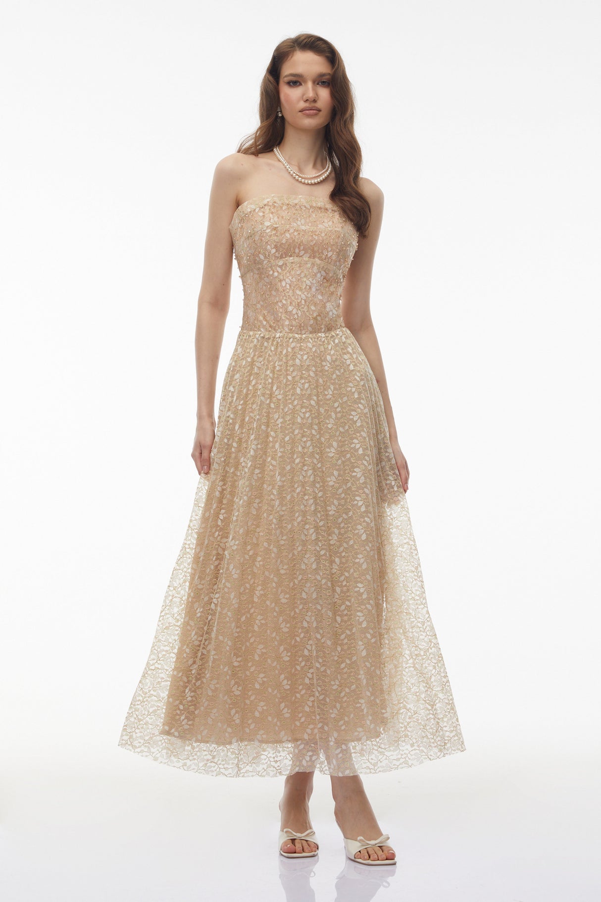 Aurohaya Maria Champagne Sequin Off Shoulder Maxi Dress