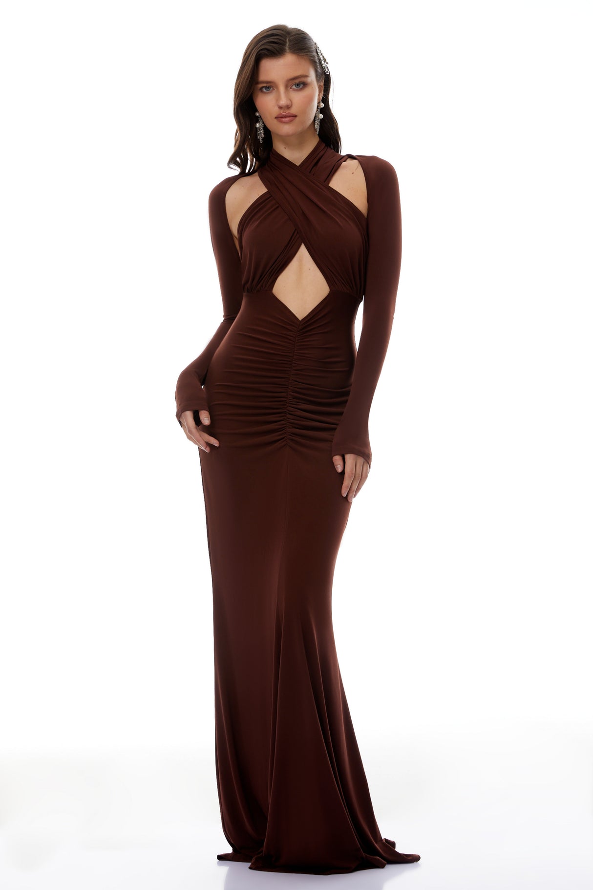 Aurohaya Marie Brown Cross Over Cut-Out Maxi Dress