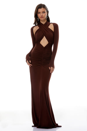 Aurohaya Marie Brown Cross Over Cut-Out Maxi Dress