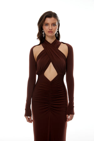 Aurohaya Marie Brown Cross Over Cut-Out Maxi Dress