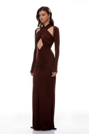 Aurohaya Marie Brown Cross Over Cut-Out Maxi Dress