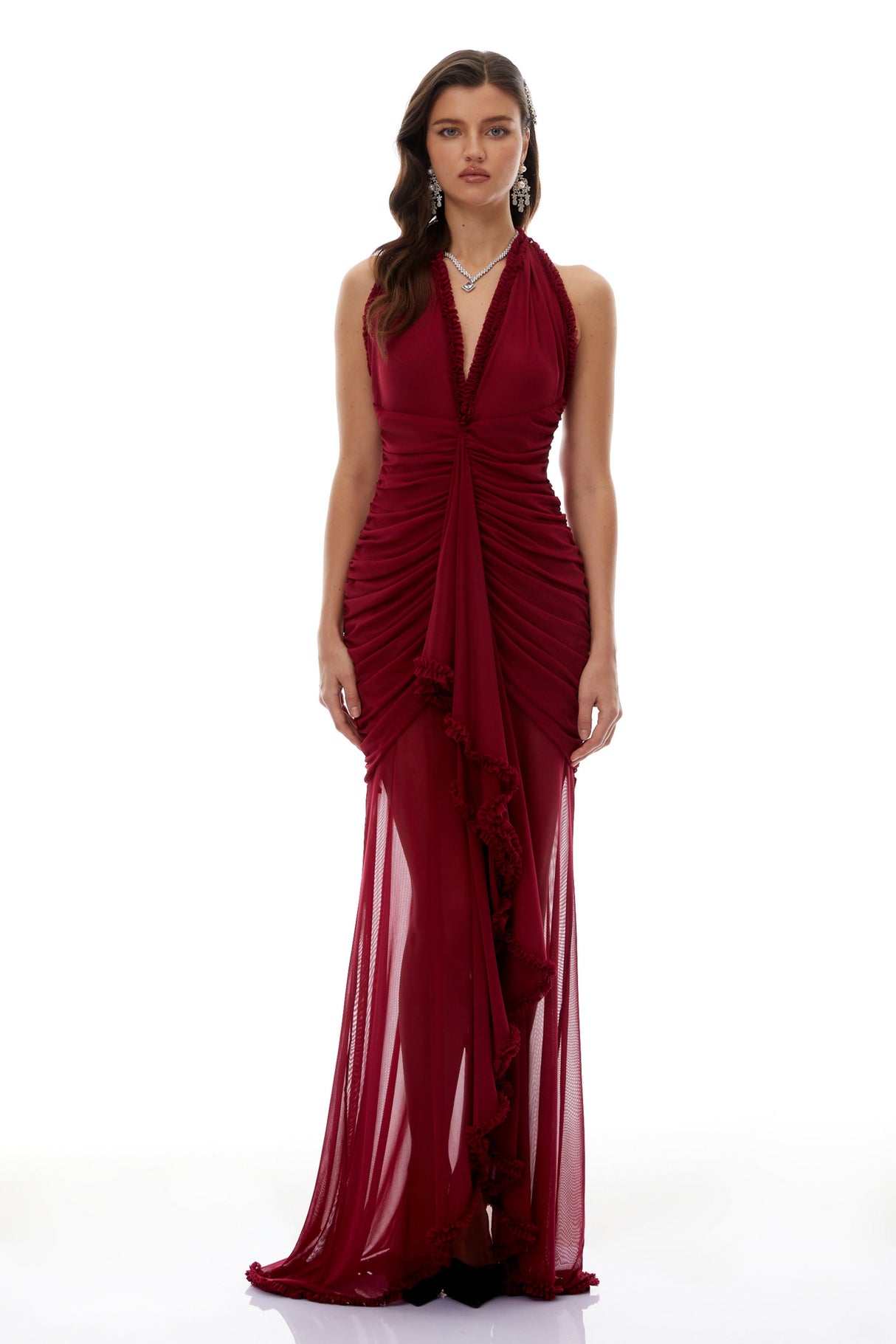 Aurohaya Marie Burgundy Asymmetrical Ruched Maxi Dress