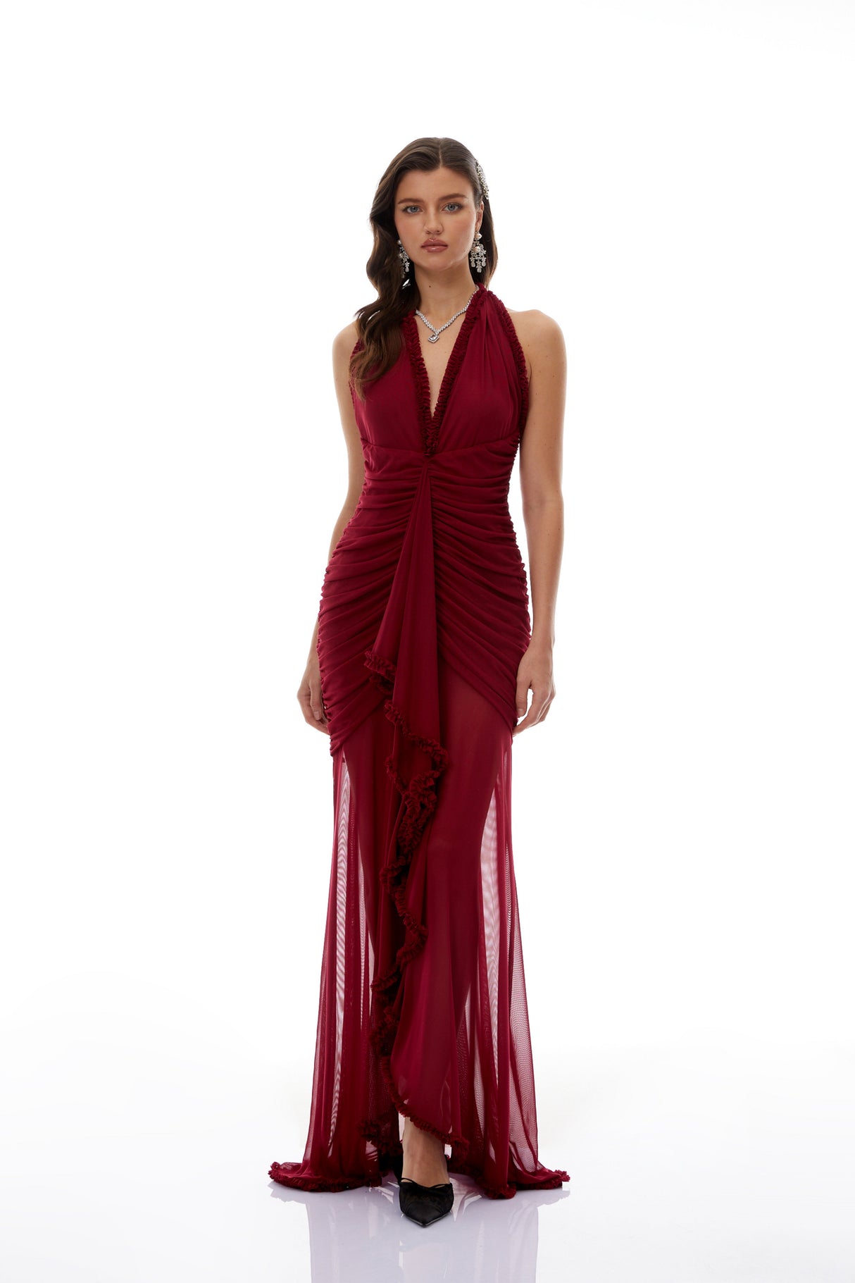 Aurohaya Marie Burgundy Asymmetrical Ruched Maxi Dress