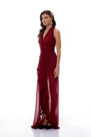 Aurohaya Marie Burgundy Asymmetrical Ruched Maxi Dress