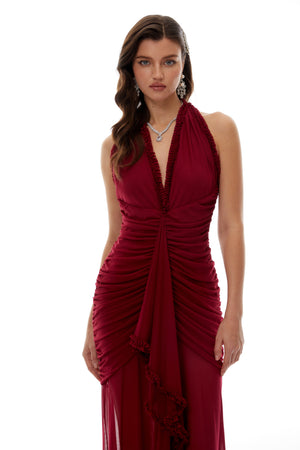 Aurohaya Marie Burgundy Asymmetrical Ruched Maxi Dress