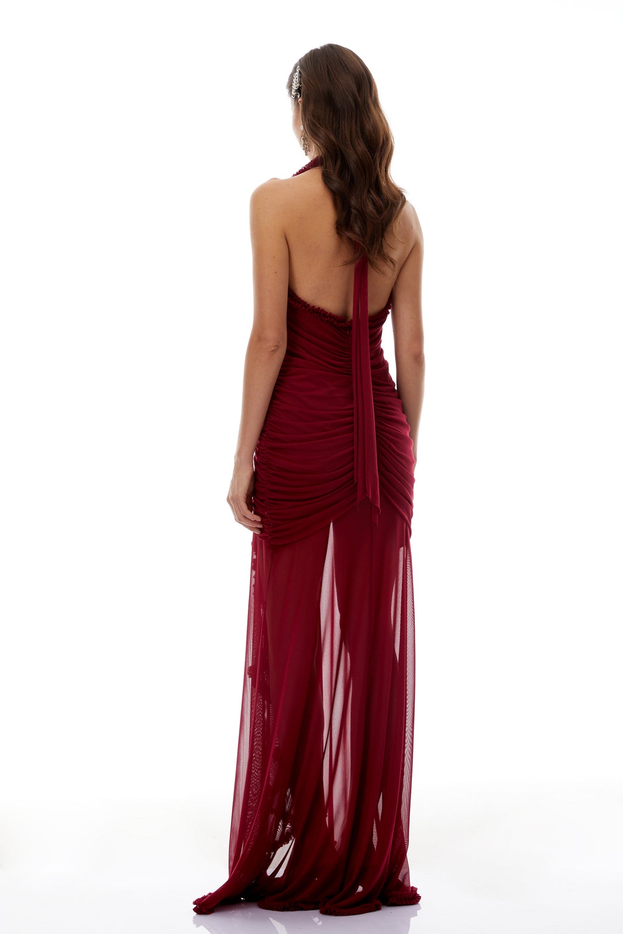 Aurohaya Marie Burgundy Asymmetrical Ruched Maxi Dress