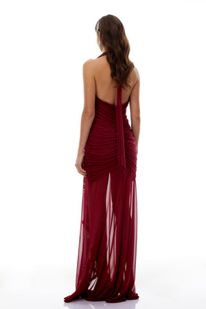 Aurohaya Marie Burgundy Asymmetrical Ruched Maxi Dress