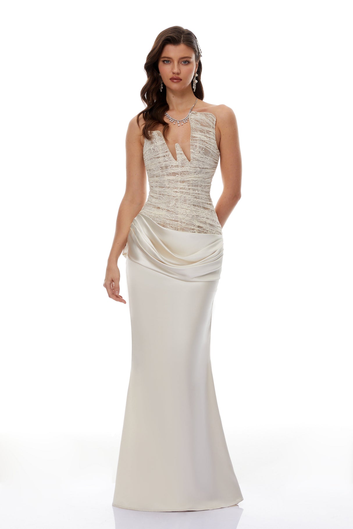 Aurohaya Marietjie Champagne Asymmetrical Maxi Dress with Satin Panels