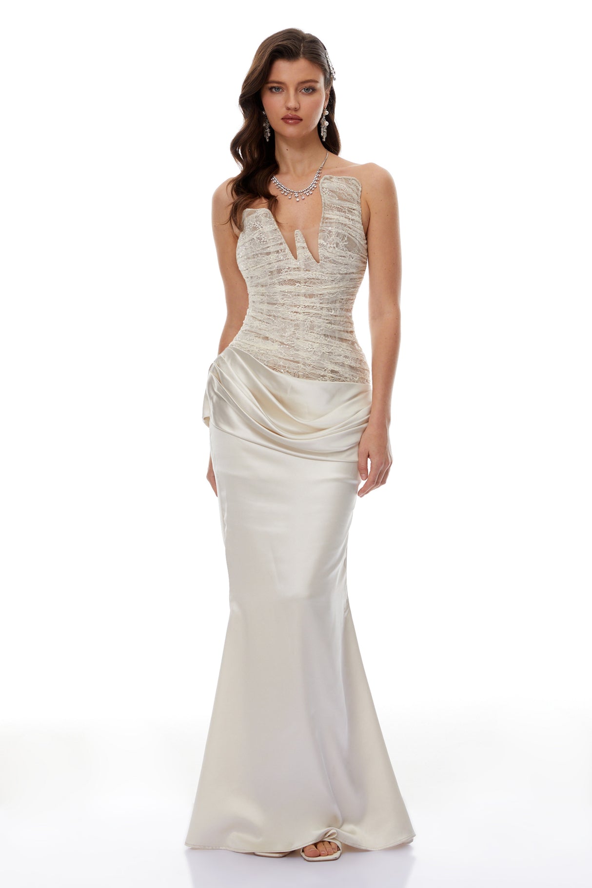 Aurohaya Marietjie Champagne Asymmetrical Maxi Dress with Satin Panels
