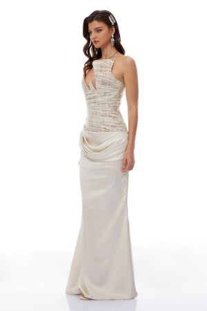 Aurohaya Marietjie Champagne Asymmetrical Maxi Dress with Satin Panels