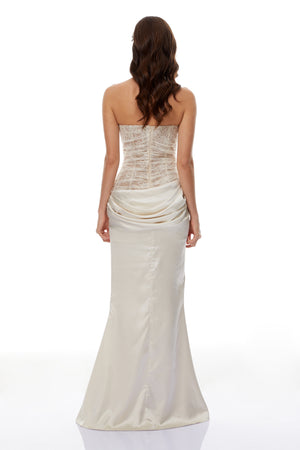 Aurohaya Marietjie Champagne Asymmetrical Maxi Dress with Satin Panels