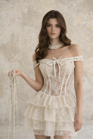 Aurohaya Marietjie Neutral Floral Lace Mini Dress