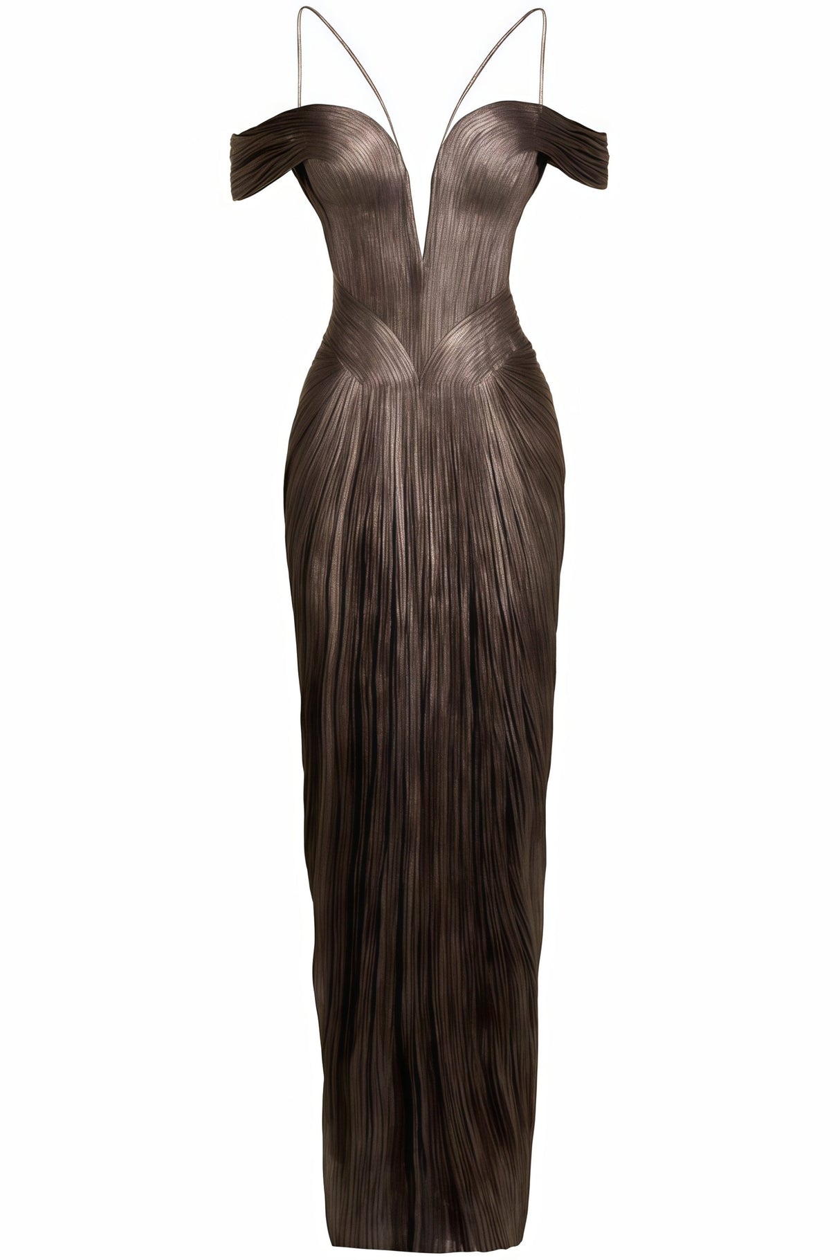 Aurohaya Marise Brown Draped Satin Maxi Dress