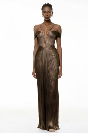 Aurohaya Marise Brown Draped Satin Maxi Dress