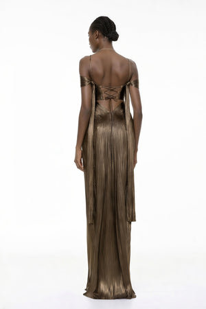 Aurohaya Marise Brown Draped Satin Maxi Dress