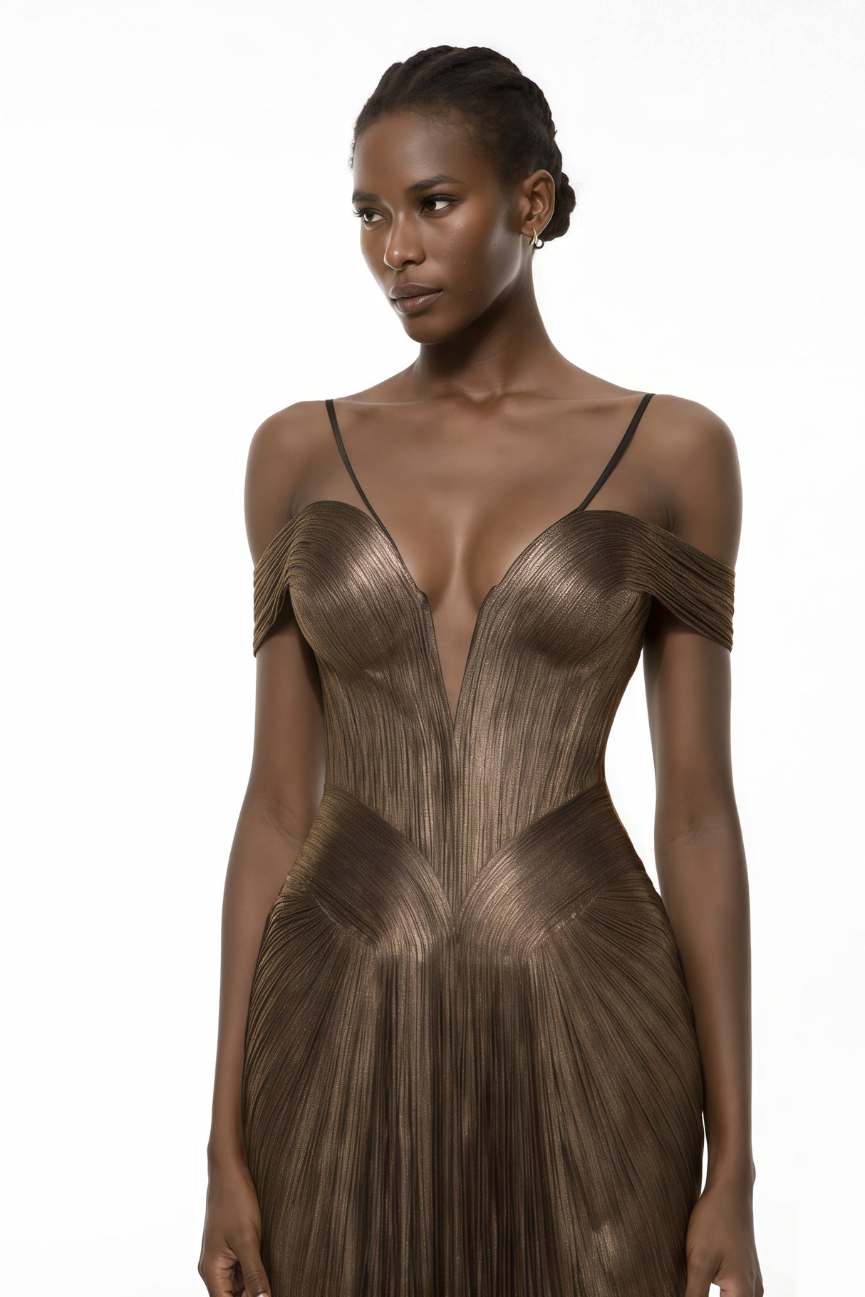 Aurohaya Marise Brown Draped Satin Maxi Dress