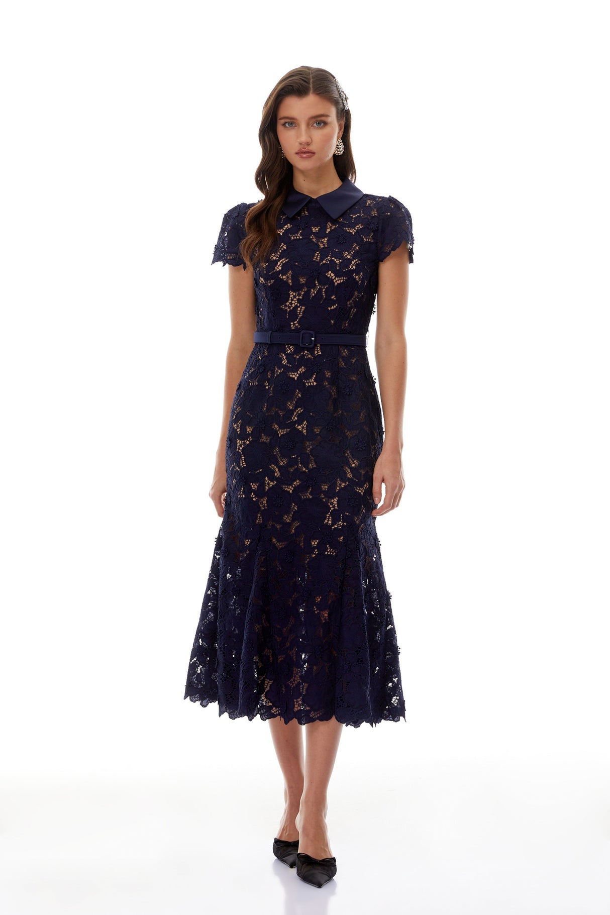 Aurohaya Marlene Navy Blue Floral Lace Midi Dress