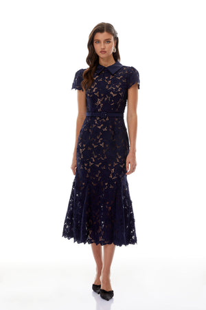 Aurohaya Marlene Navy Blue Floral Lace Midi Dress
