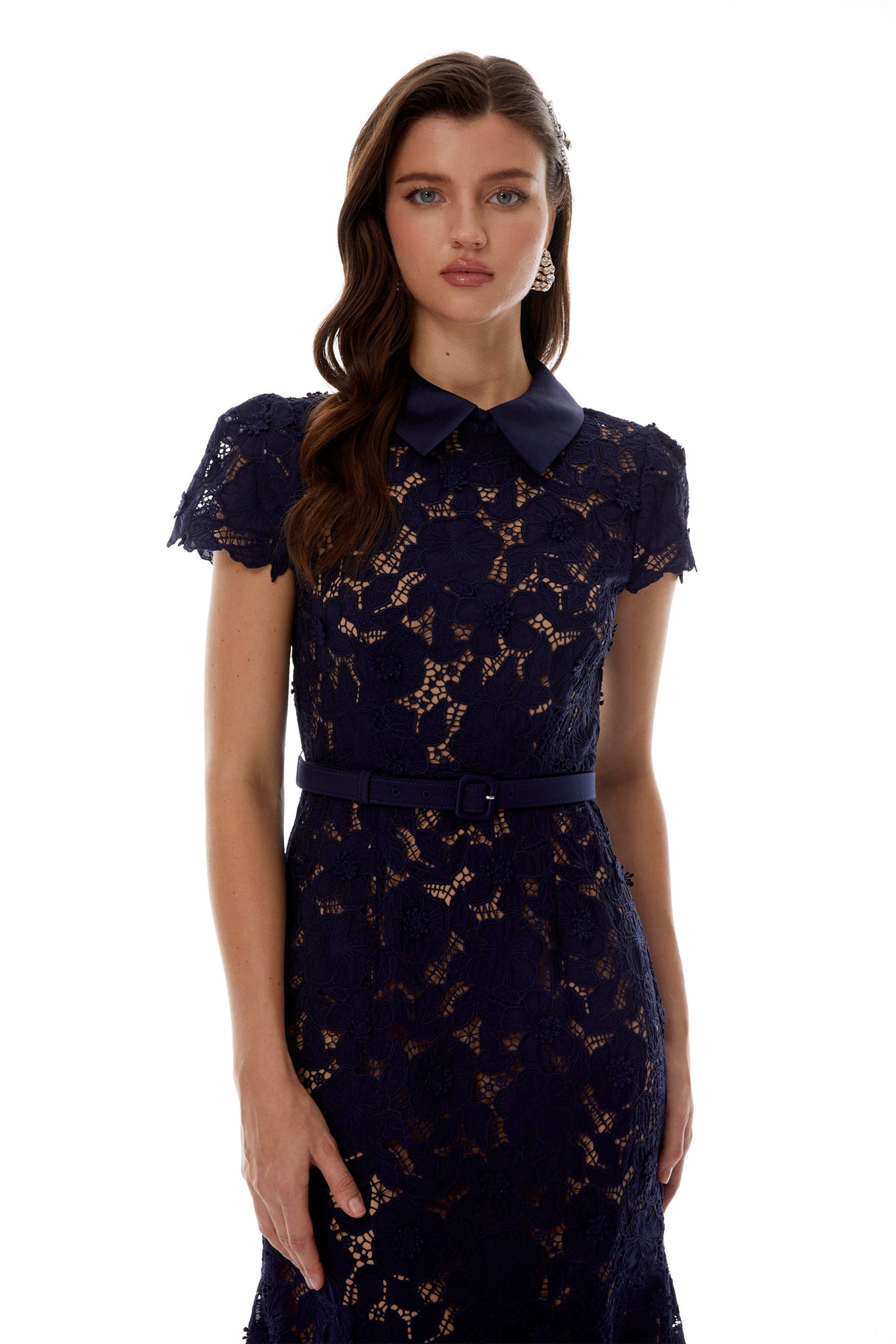 Aurohaya Marlene Navy Blue Floral Lace Midi Dress