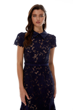 Aurohaya Marlene Navy Blue Floral Lace Midi Dress