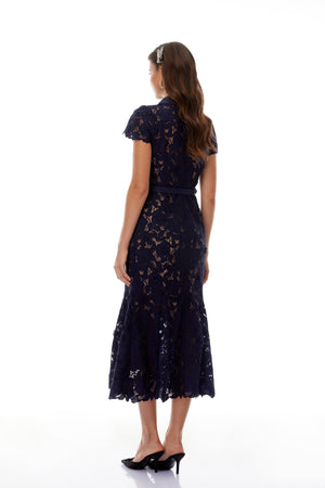 Aurohaya Marlene Navy Blue Floral Lace Midi Dress