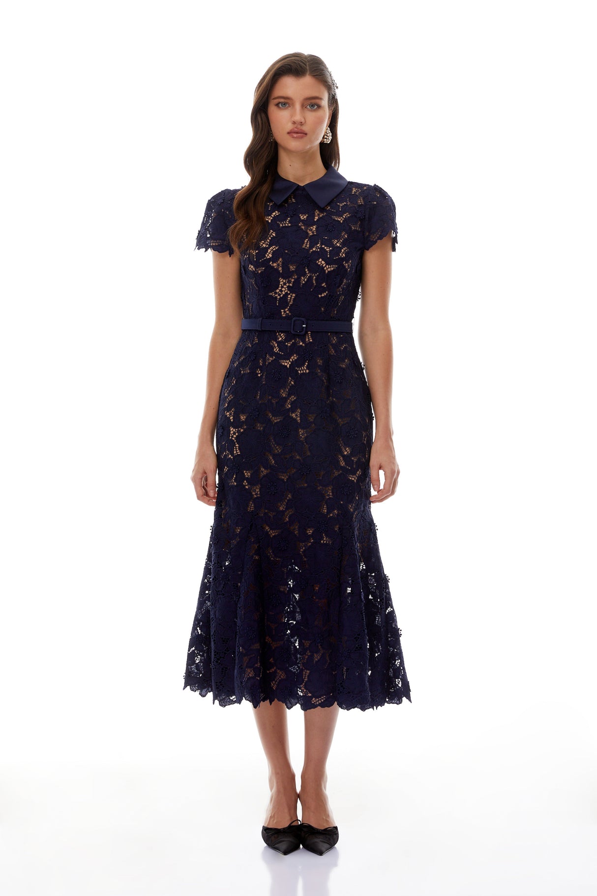 Aurohaya Marlene Navy Blue Floral Lace Midi Dress