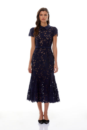 Aurohaya Marlene Navy Blue Floral Lace Midi Dress