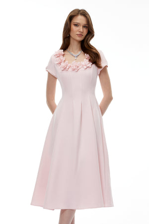 Aurohaya Marley Pink Pleated Midi Dress with 3D Petals