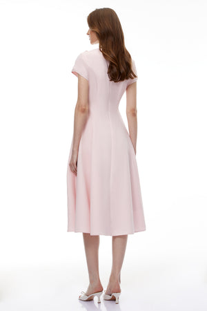 Aurohaya Marley Pink Pleated Midi Dress with 3D Petals