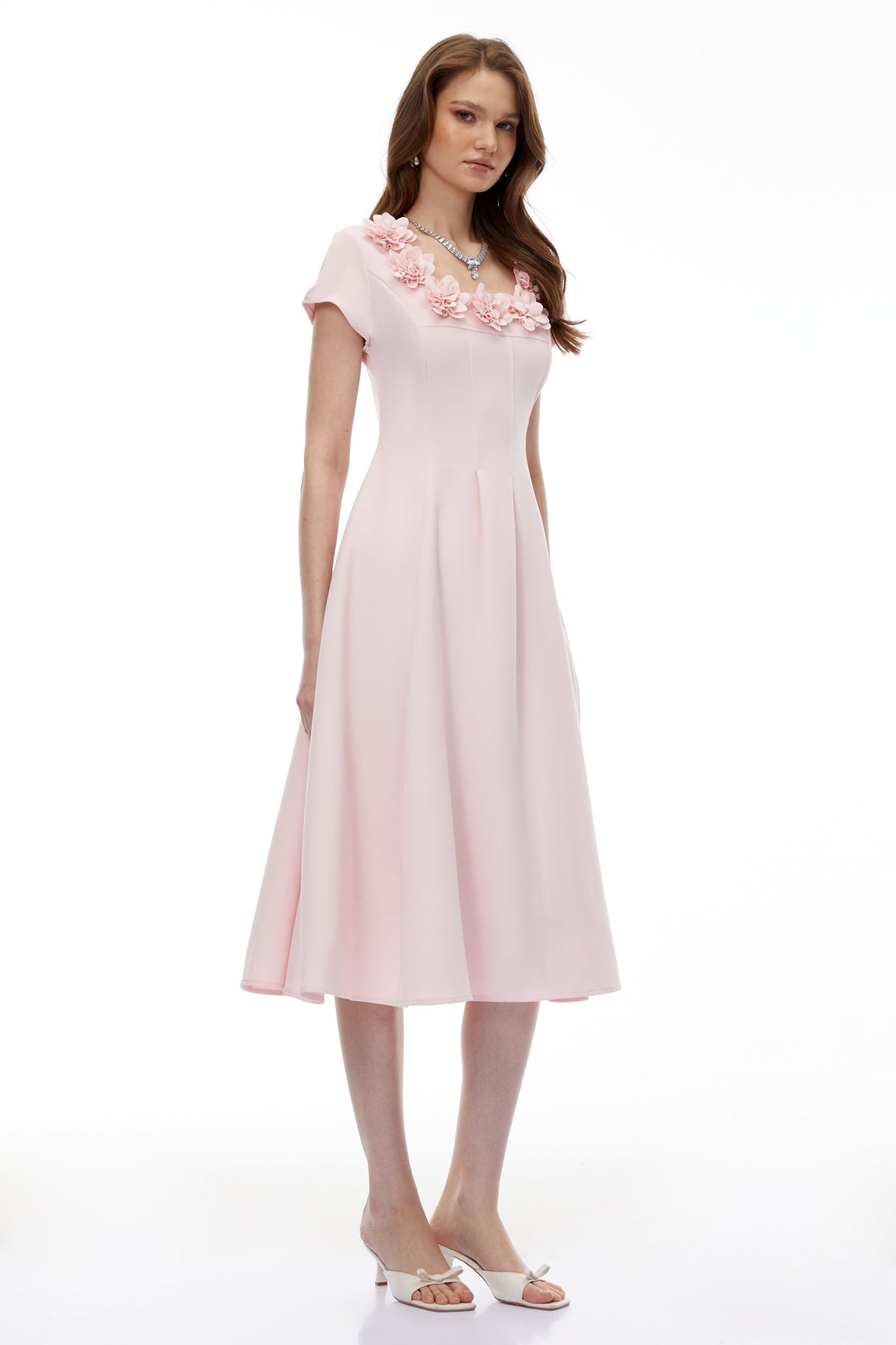 Aurohaya Marley Pink Pleated Midi Dress with 3D Petals