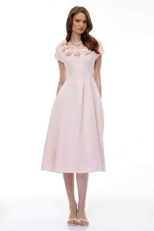 Aurohaya Marley Pink Pleated Midi Dress with 3D Petals
