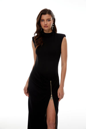 Aurohaya Martina Black Maxi Dress with Zip Up Detail