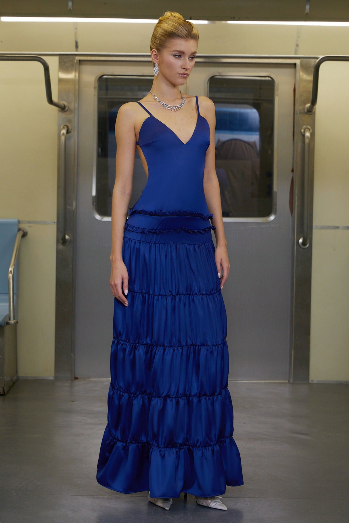 Aurohaya Martina Blue Open Back Tiered Maxi Dress
