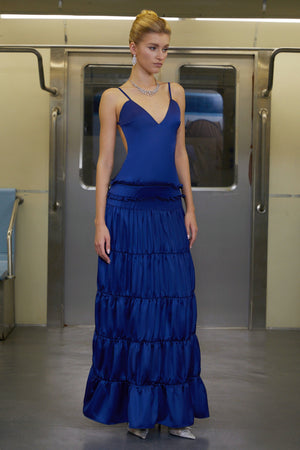 Aurohaya Martina Blue Open Back Tiered Maxi Dress