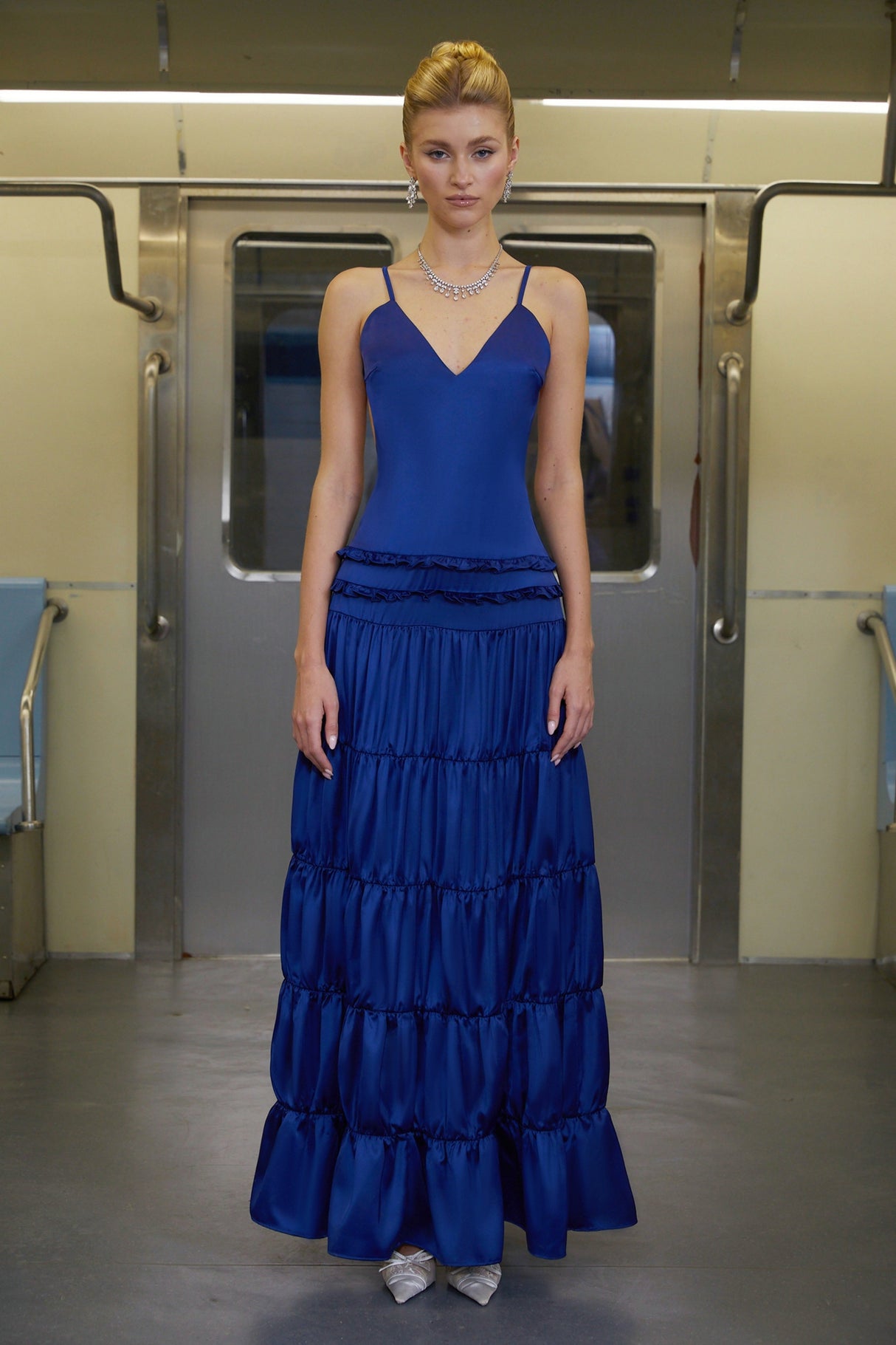 Aurohaya Martina Blue Open Back Tiered Maxi Dress