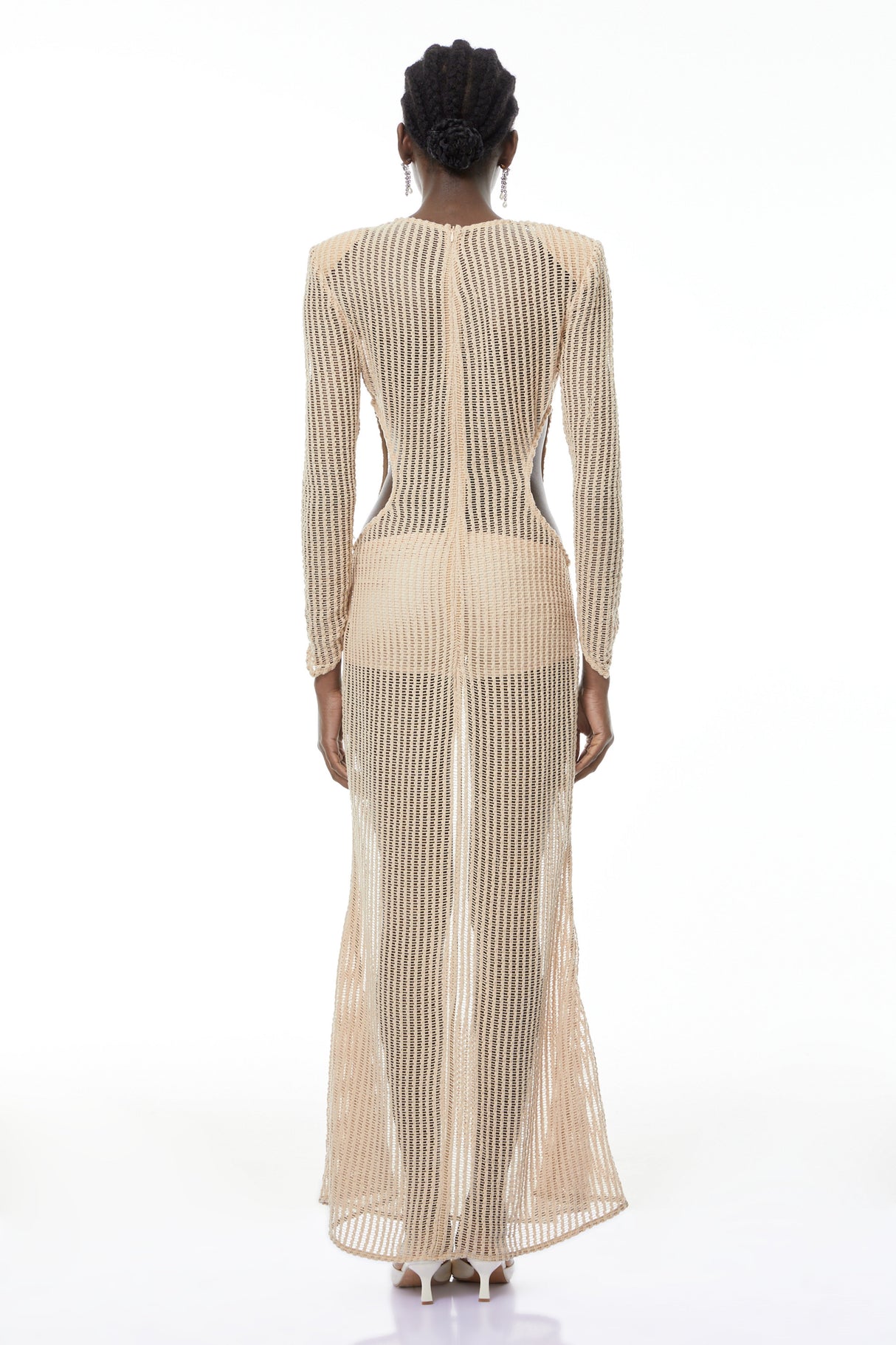 Aurohaya Martina Neutral Crochet Maxi Dress with Cut Out