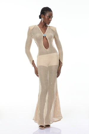 Aurohaya Martina Neutral Crochet Maxi Dress with Cut Out