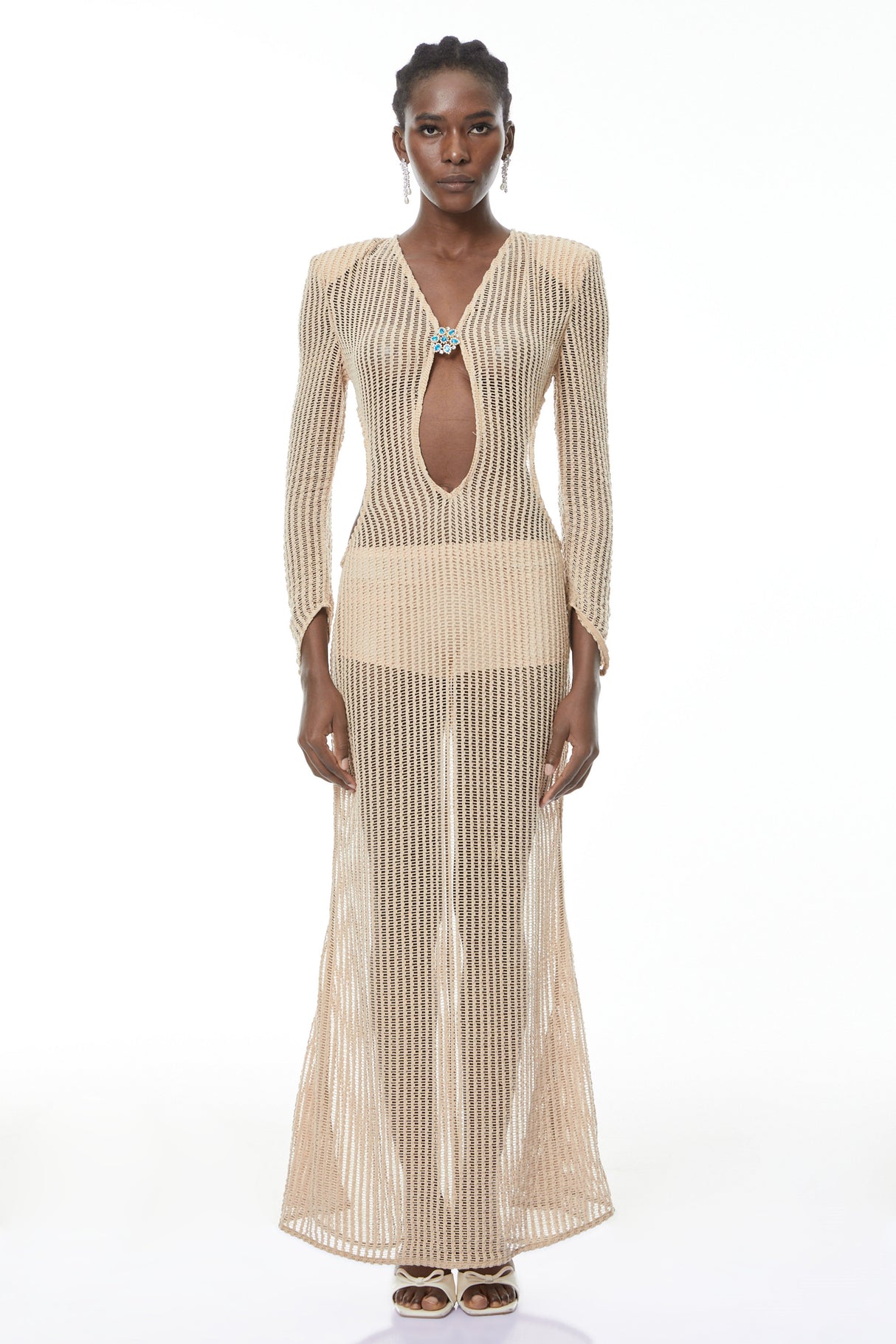 Aurohaya Martina Neutral Crochet Maxi Dress with Cut Out