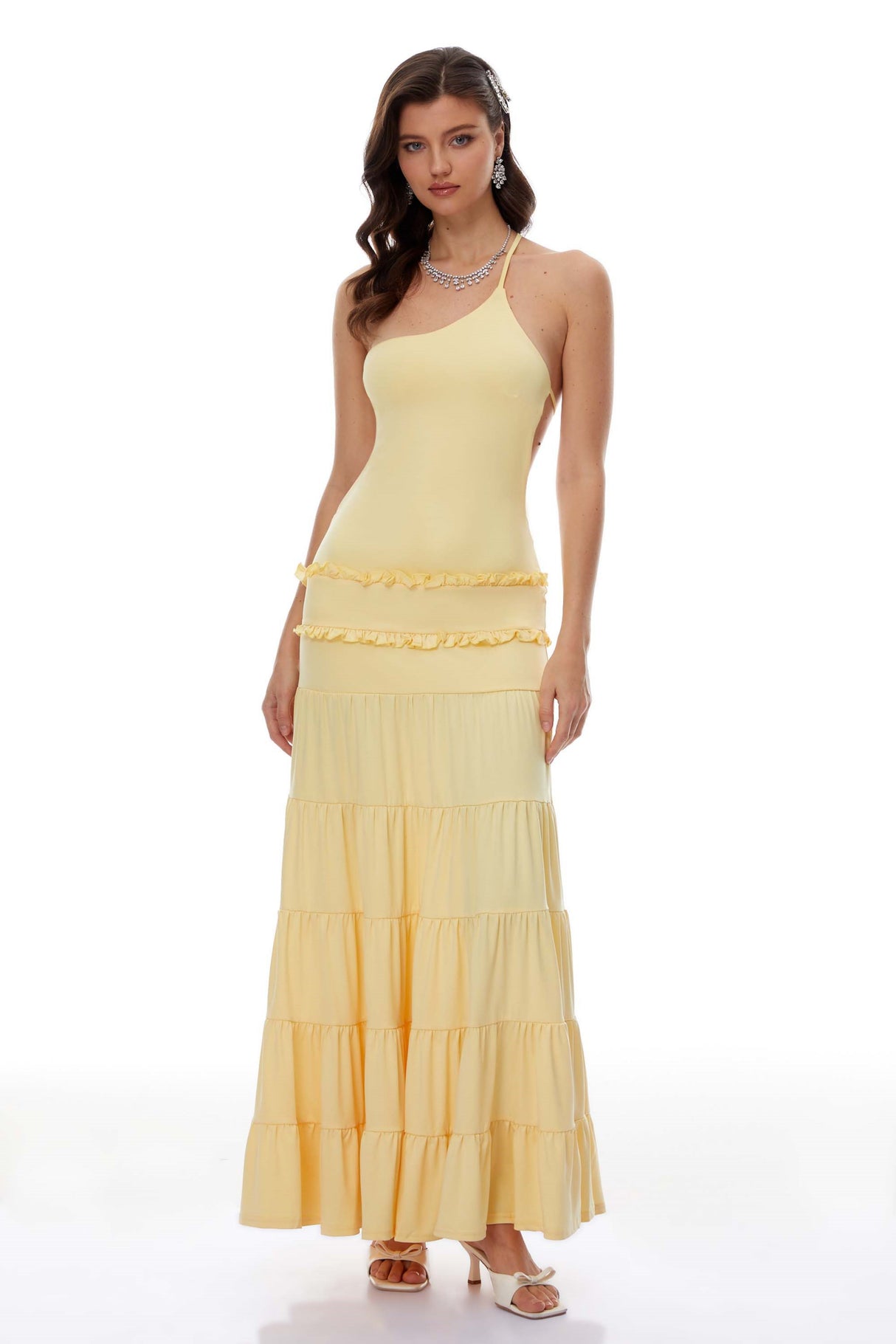 Aurohaya Martina Yellow One Shoulder Tiered Maxi Dress