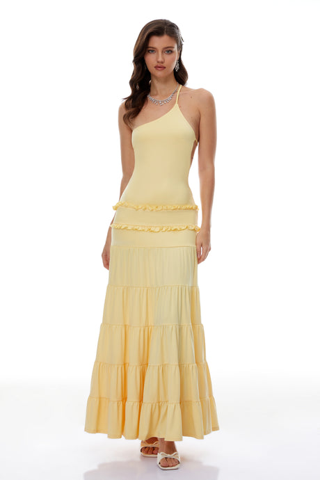 Aurohaya Martina Yellow One Shoulder Tiered Maxi Dress