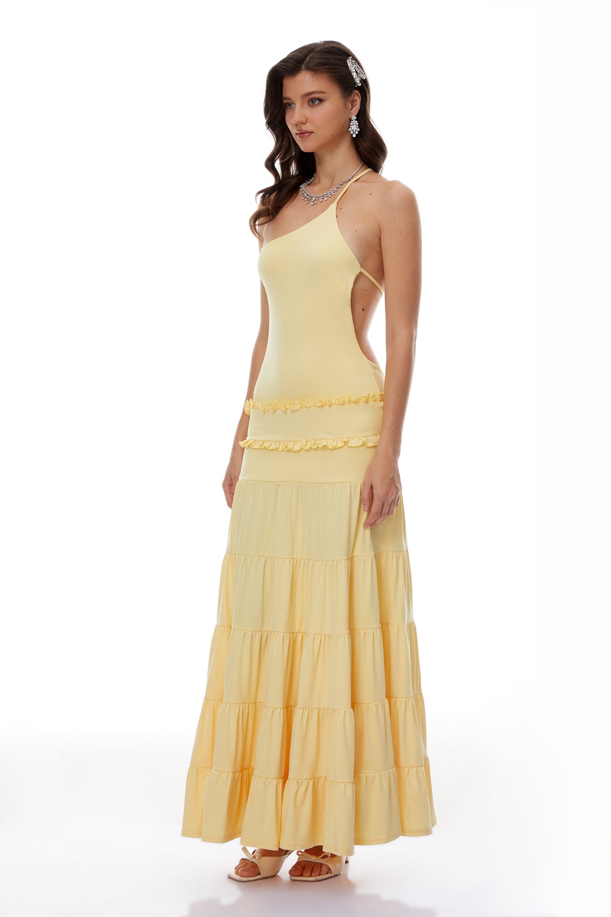 Aurohaya Martina Yellow One Shoulder Tiered Maxi Dress
