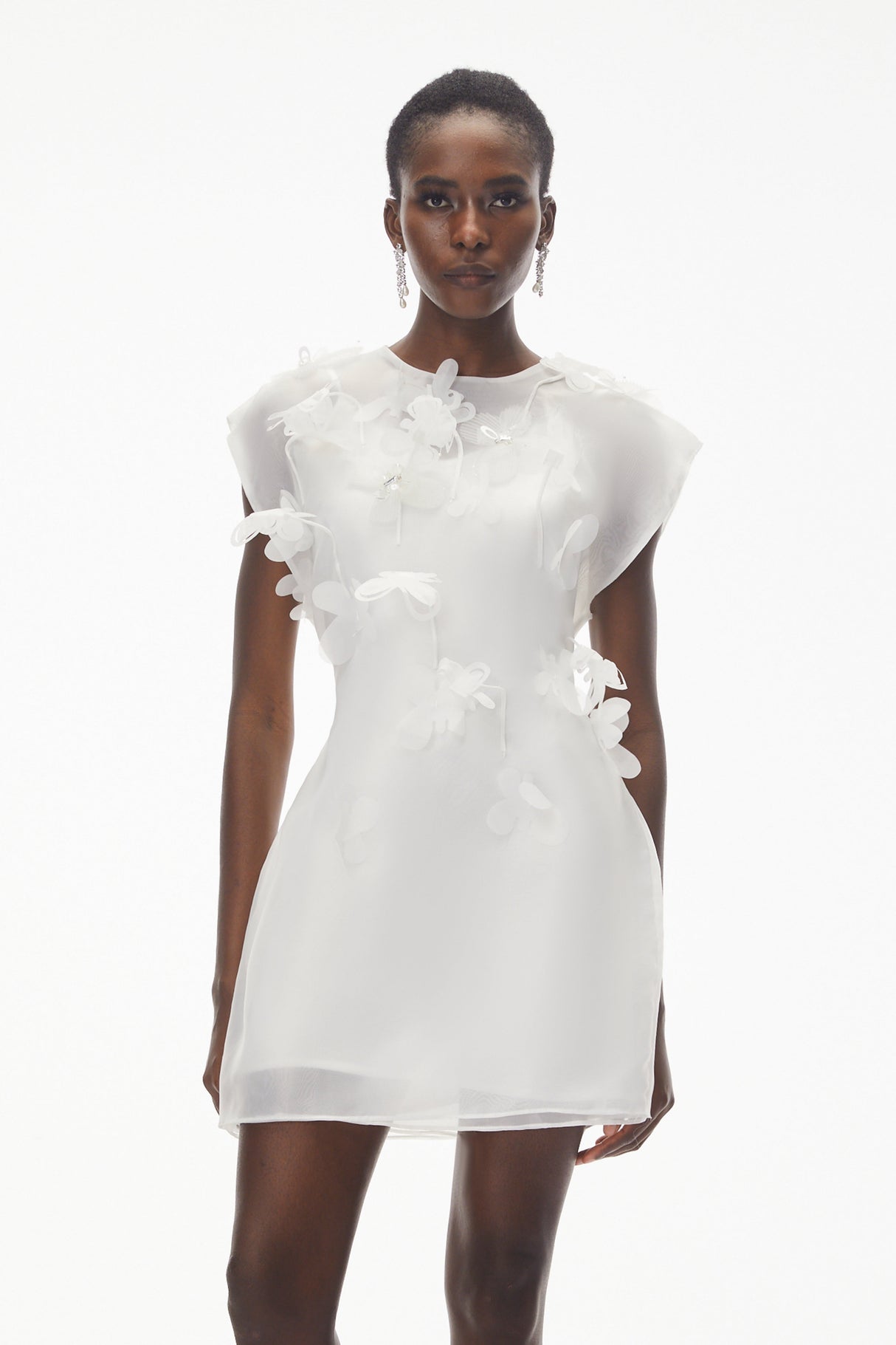 Aurohaya Maryam White Chiffon Mini Dress with 3D Petals