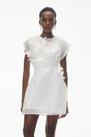 Aurohaya Maryam White Chiffon Mini Dress with 3D Petals