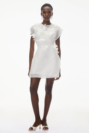 Aurohaya Maryam White Chiffon Mini Dress with 3D Petals