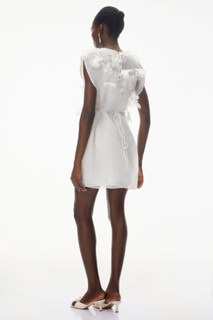 Aurohaya Maryam White Chiffon Mini Dress with 3D Petals