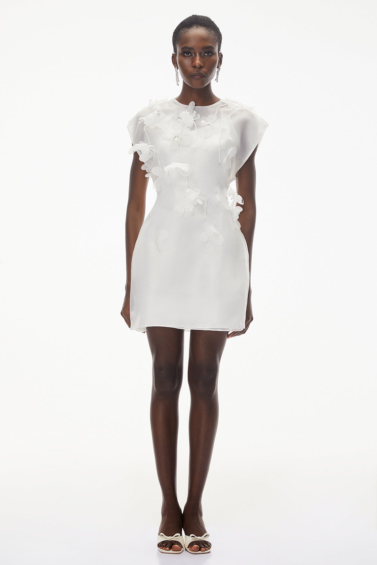 Aurohaya Maryam White Chiffon Mini Dress with 3D Petals
