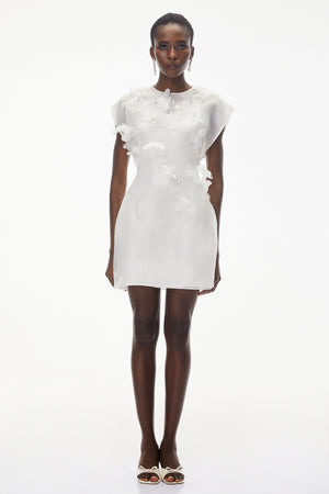 Aurohaya Maryam White Chiffon Mini Dress with 3D Petals
