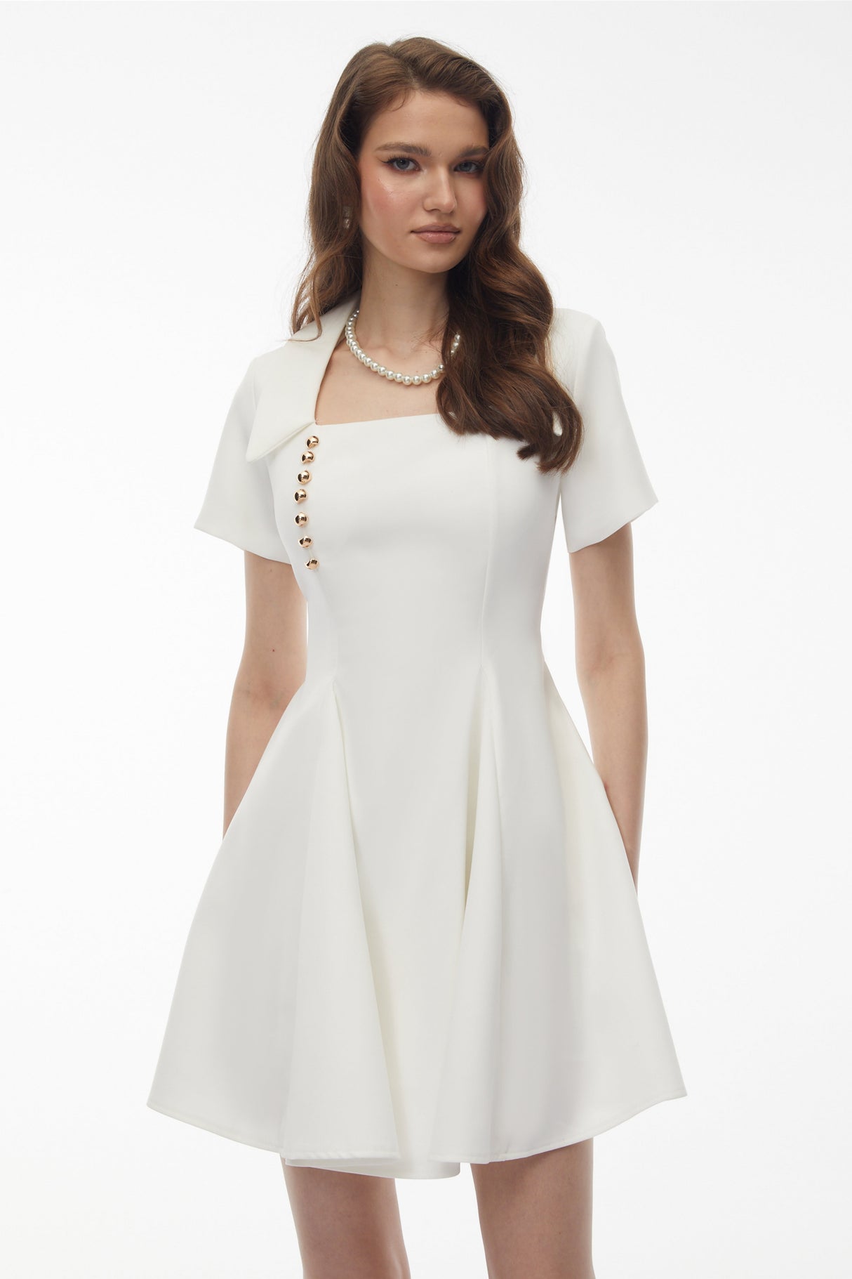 Aurohaya Meira White Metal buckle Mini Dress
