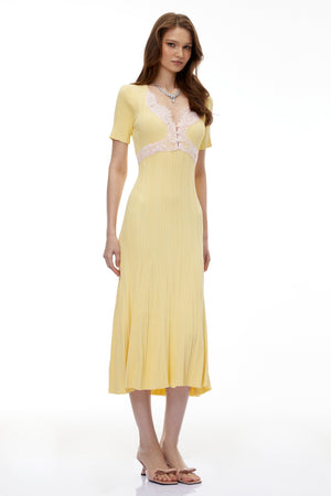 Aurohaya Meleager Yellow Plunge Neck Lace Midi Dress