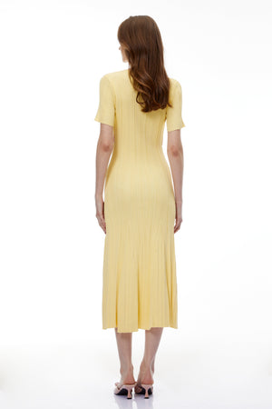 Aurohaya Meleager Yellow Plunge Neck Lace Midi Dress